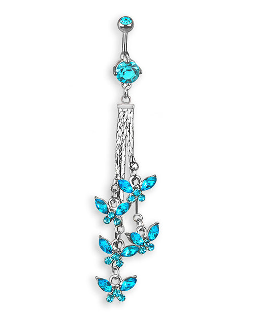 Belly button piercing with 5 aqua zirconia butterflies