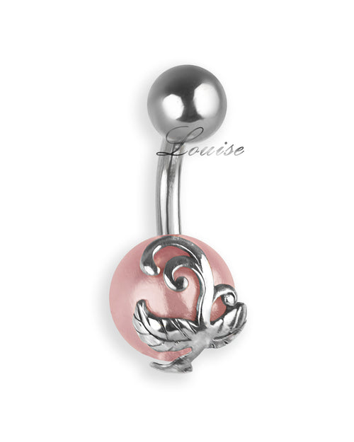 Piercing de ombligo con perla rosa y rama plateada