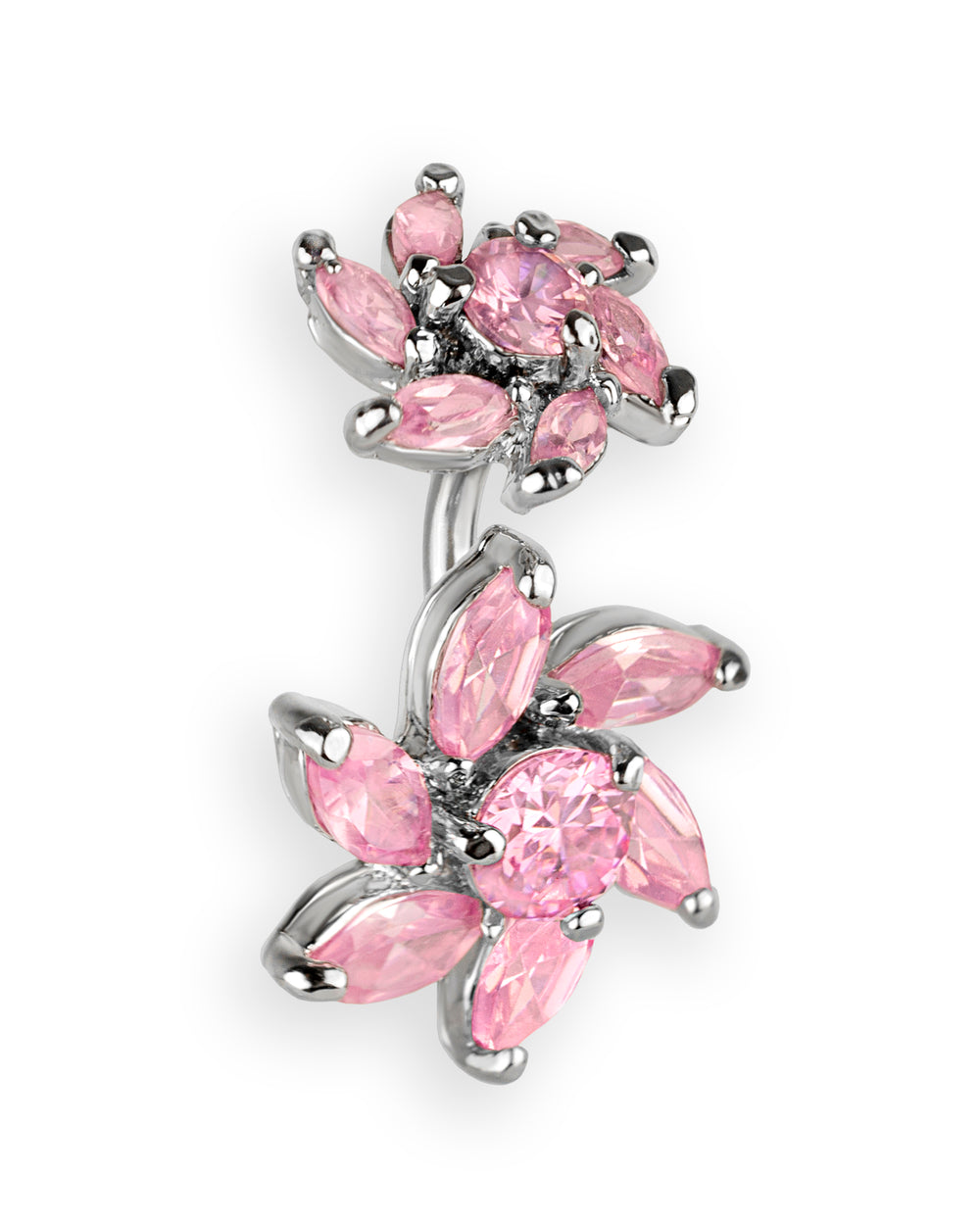 Navel piercing with two pink rhinestone flowers