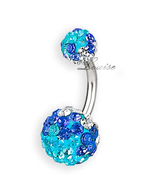 Piercing de ombligo con dos bolas de cristal en tonos aqua, azul y transparente – Barra 6 mm