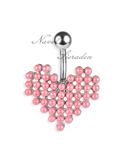 Piercing de ombligo con corazón de mini perlas rosas
