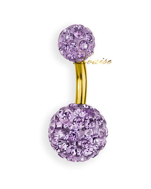 Piercing de ombligo bañado en oro con bolas de cristales lila