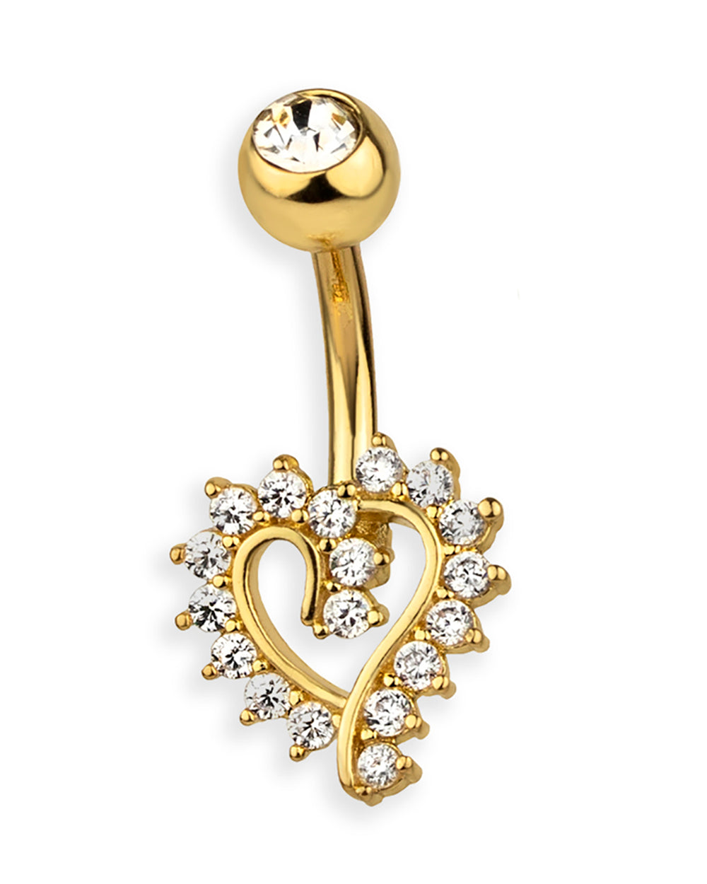 Gold navel piercing with a heart full of zircons