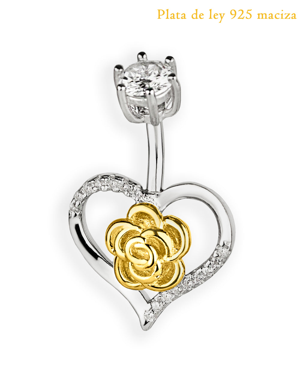 925 Sterling Silver Belly Button Ring with Heart and Gold Rose