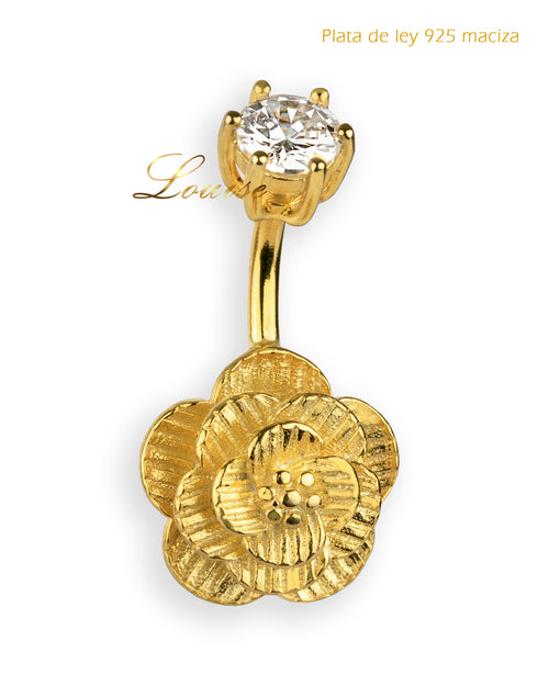 Piercing de ombligo de plata de ley 925 maciza bañada en oro con flor 3D