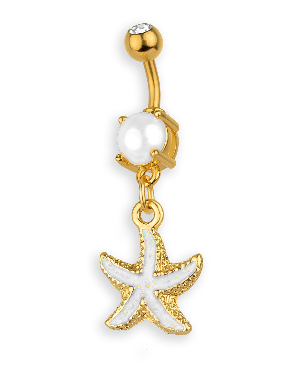 Gold navel piercing with pearl and white starfish