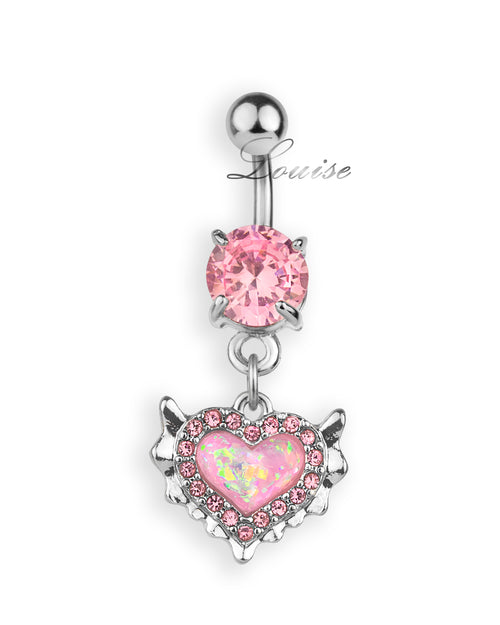 Piercing de ombligo con corazón holográfico rosa y zirconias