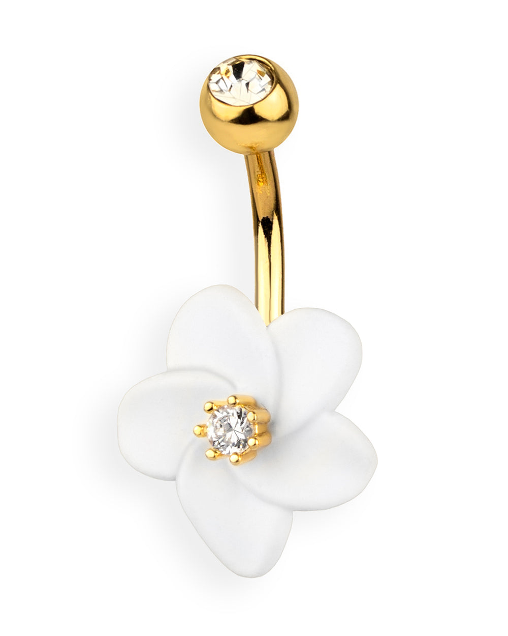 Gold-plated navel piercing with a white flower and sparkling central zircon