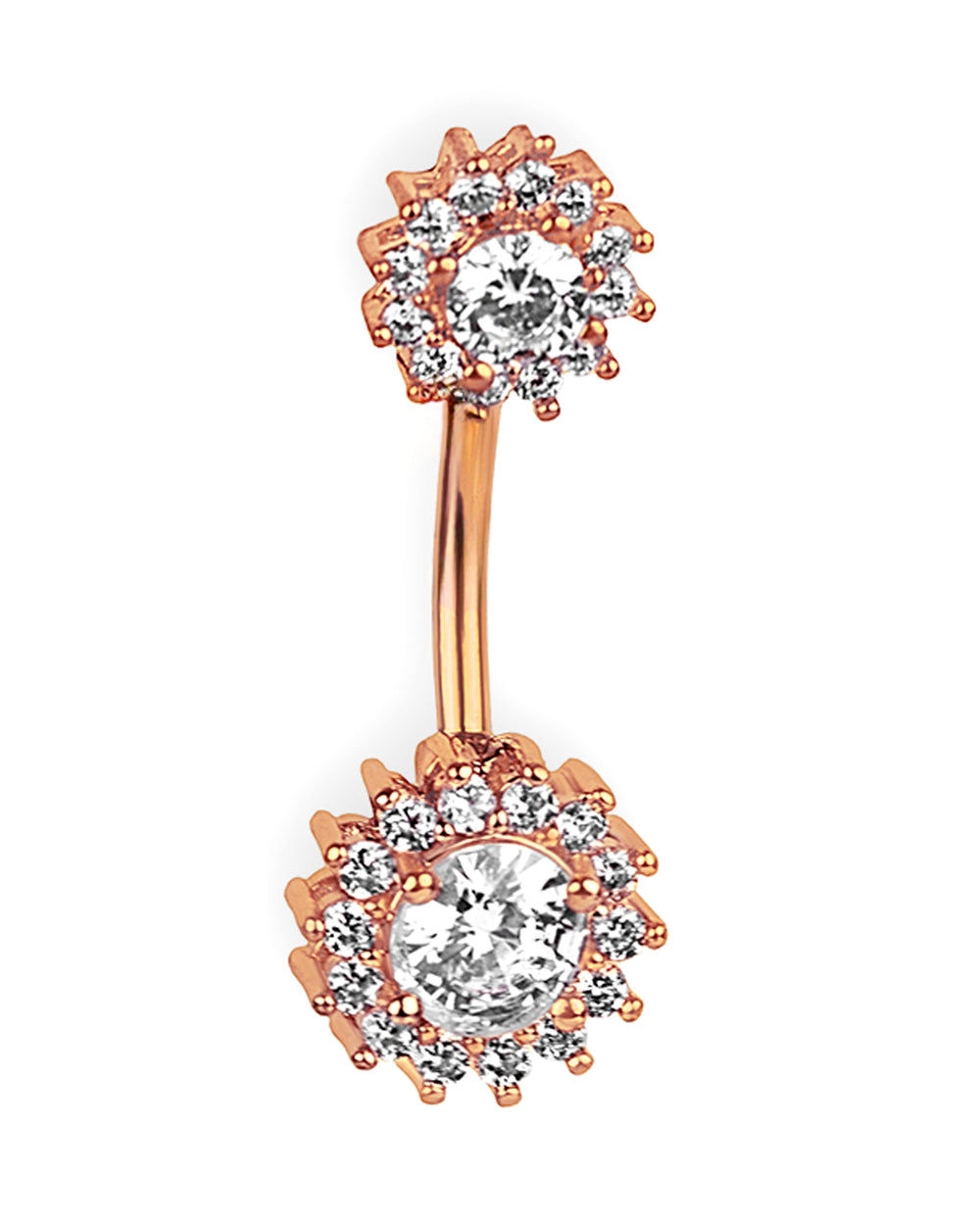Piercing de ombligo de oro rosa con doble gema y circonitas transparentes