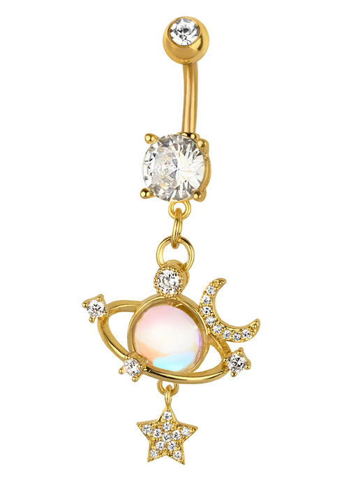 Gold Plated Navel Piercing with Holographic Planet and Zirconias