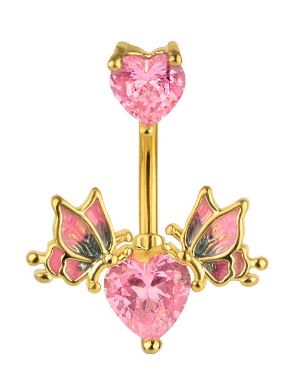 Gold Plated Navel Piercing with Pink Zircon Hearts and Butterflies