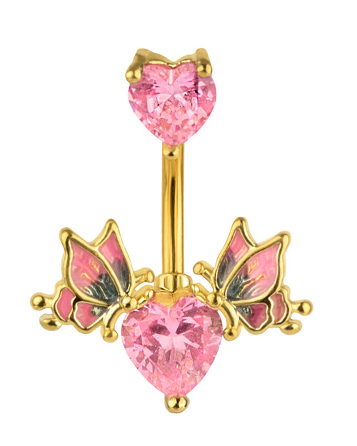 Gold Plated Navel Piercing with Pink Zircon Hearts and Butterflies