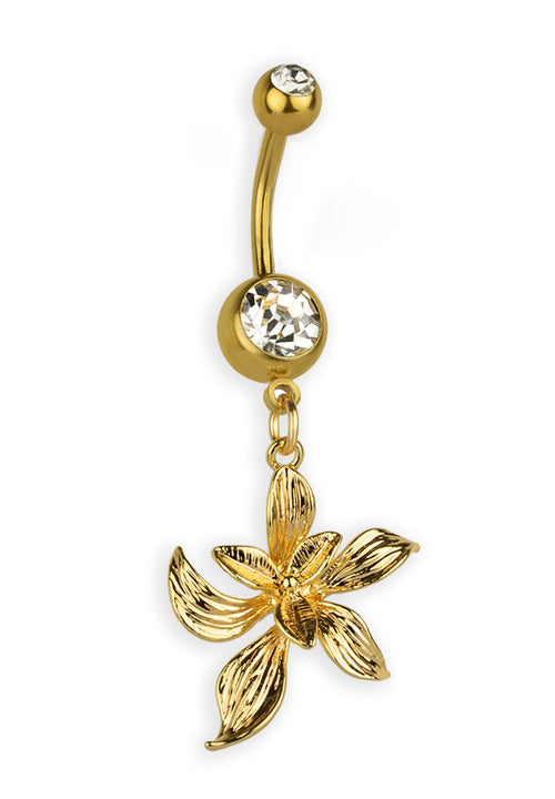 Piercing de ombligo doble joya chapado en oro con orquídea