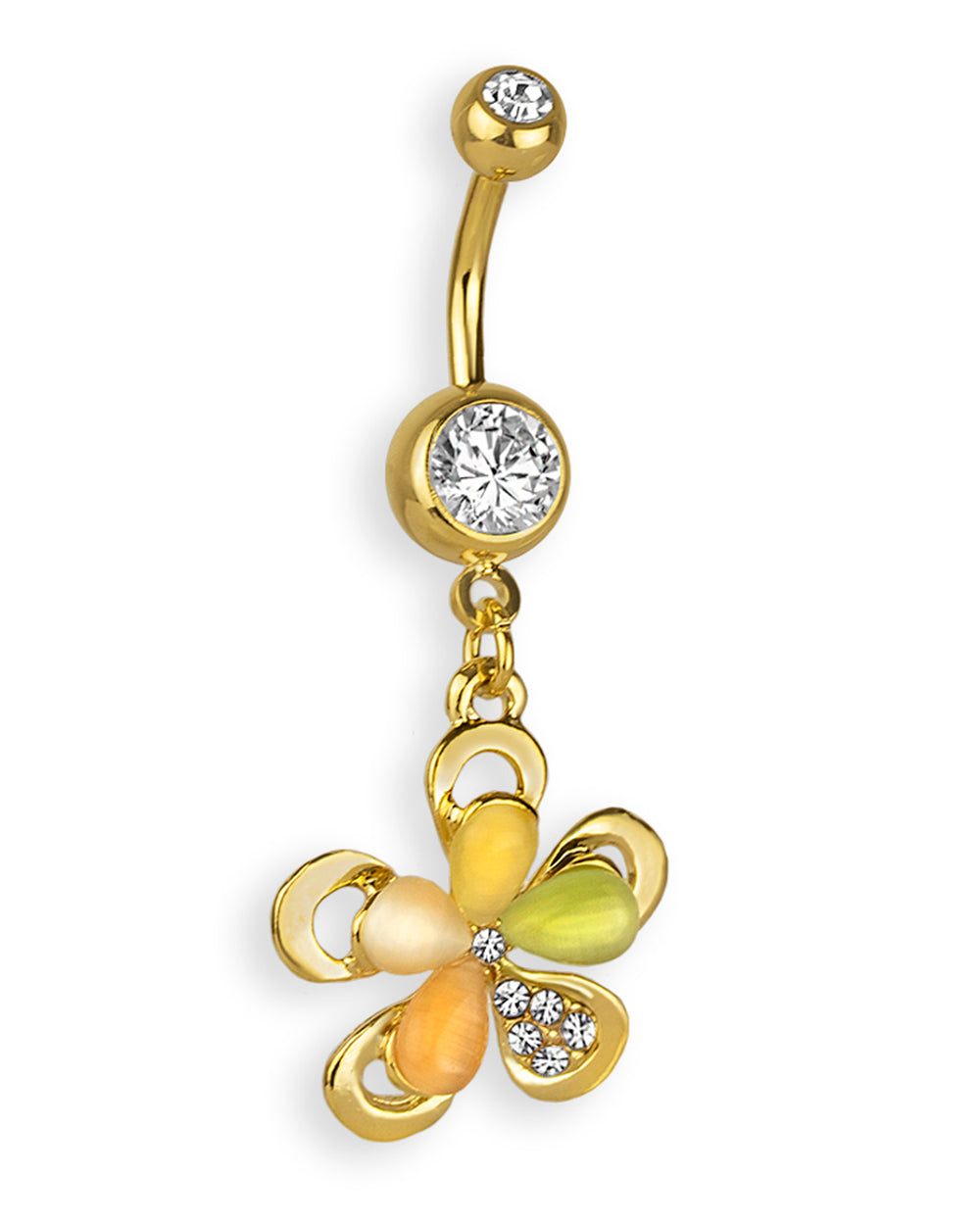 18k gold plated belly button piercing with openwork flower and pastel stones