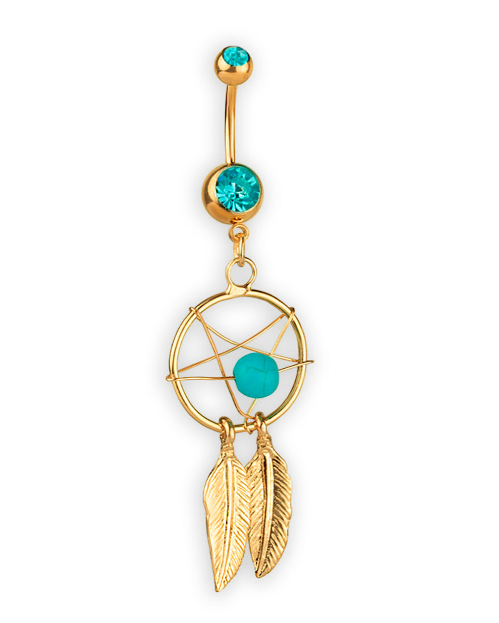 Gold-plated belly button ring with dreamcatcher and turquoise cubic zirconia