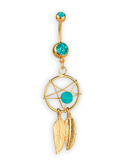 Gold-plated belly button ring with dreamcatcher and turquoise cubic zirconia