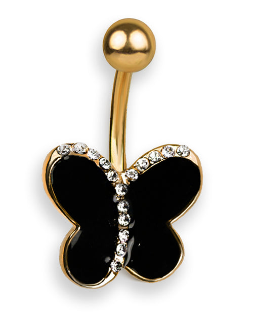 18k gold-plated belly button piercing with black enameled butterfly and zircons
