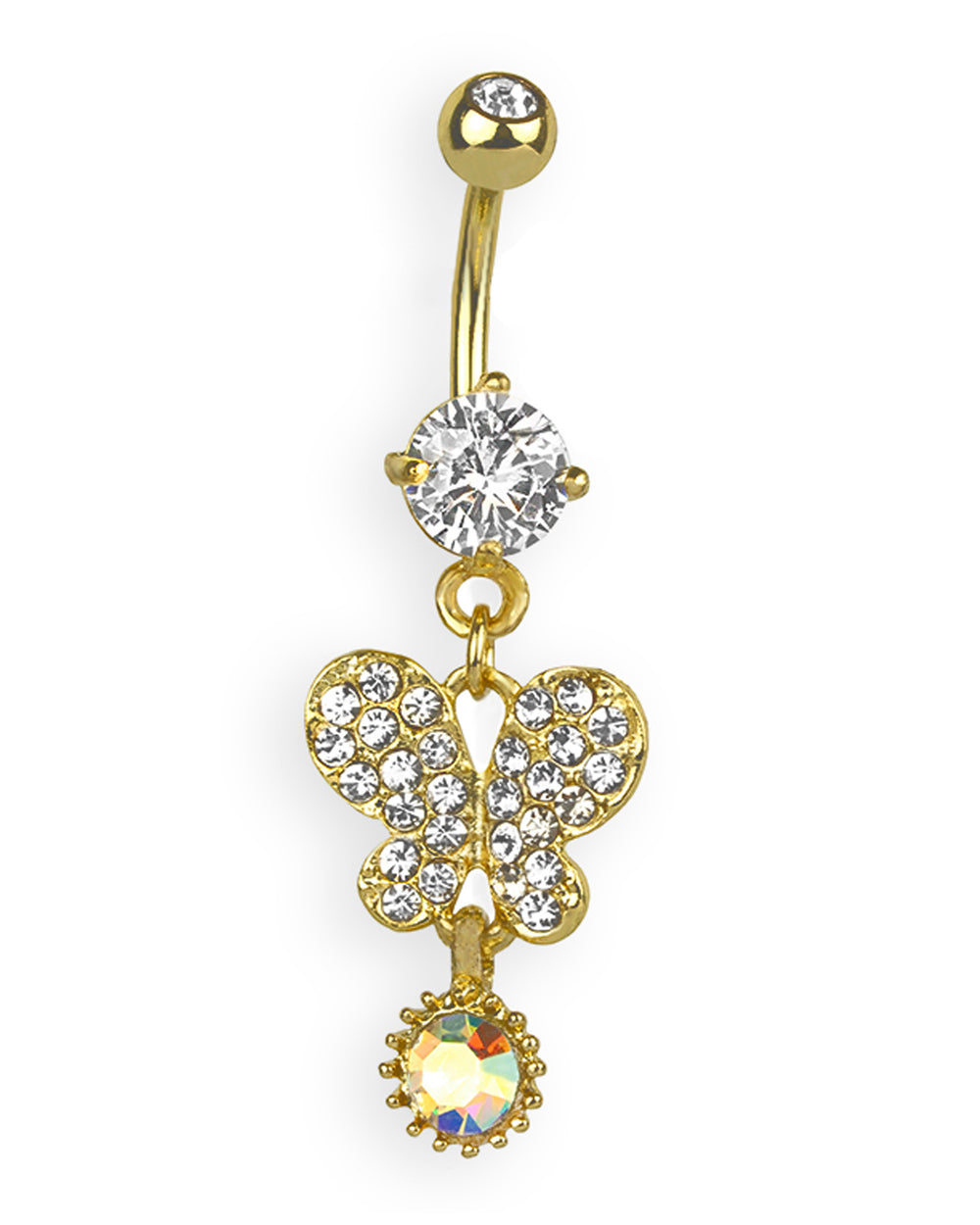 Gold-Plated Navel Piercing with Zirconia Butterfly and Holographic Effect