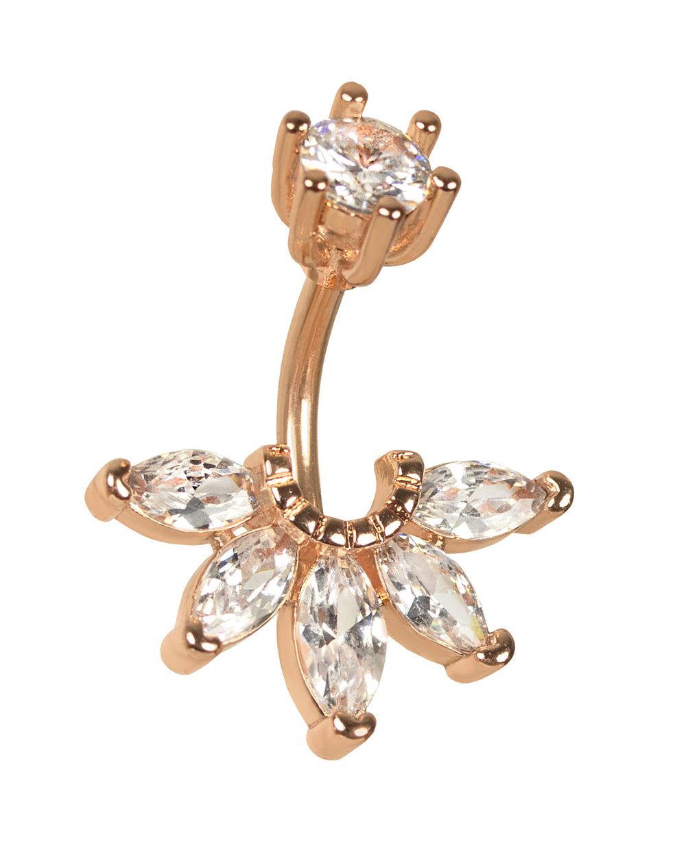 Piercing de ombligo de oro rosa con abanico de circonitas transparentes brillantes