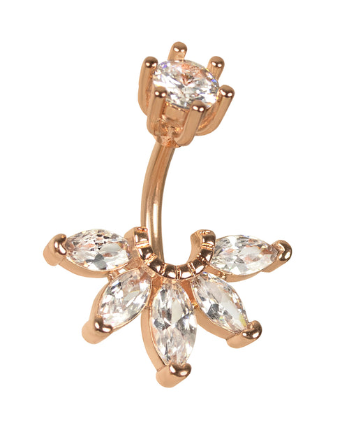 Piercing de ombligo de oro rosa con abanico de circonitas transparentes brillantes