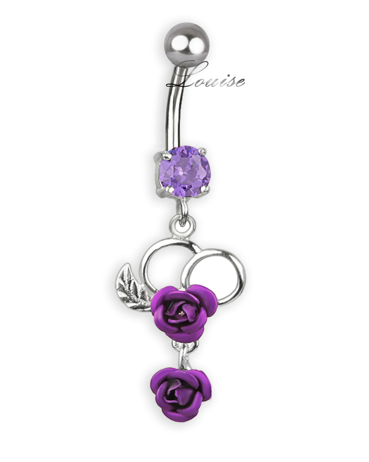Piercing de Ombligo Titanio Corazón Plata 925 con Rosas y Zirconia Morada