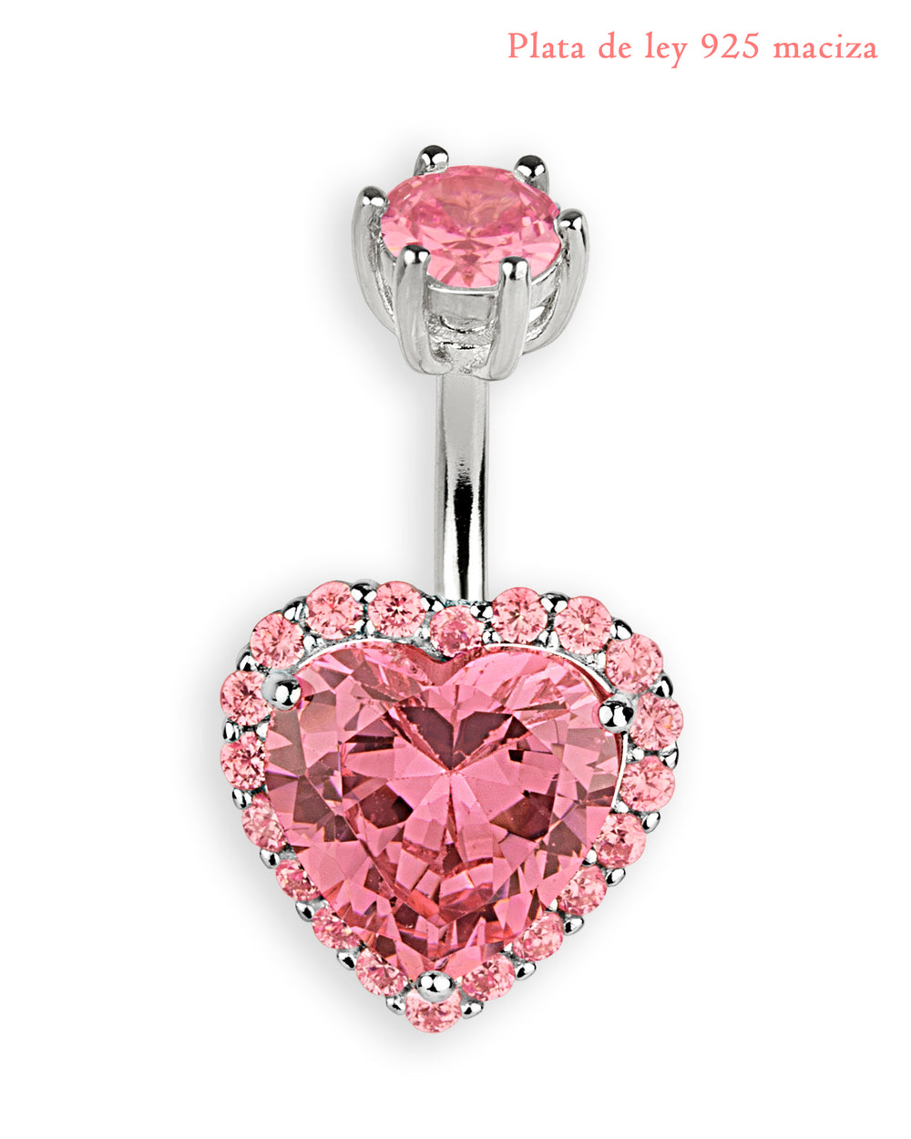Piercing de ombligo exclusivo de plata de ley 925 con corazón de circonita rosa – Barra 6 mm